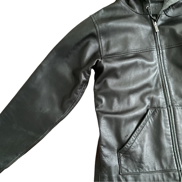 Concept Black Leather Vintage Bomber Jacket Coat Hood S‎ Women Biker Y2K - Picture 15 of 15